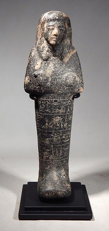 Ancient Egyptian stone (black granite) ushabti, 19th Dynasty Custom Display Stand. (front)