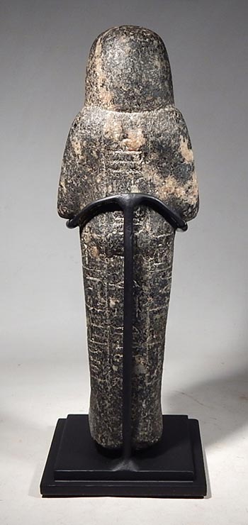 Ancient Egyptian stone (black granite) ushabti, 19th Dynasty Custom Display Stand. (back)