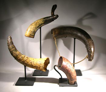 Carved and Incised Antique Horns Custom Display Stands - Front