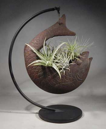 Japanese Meiji Period Cast Iron Koi Fish Planter Custom Display Stand with 'Tillandsia' bromeliads (air-plants).