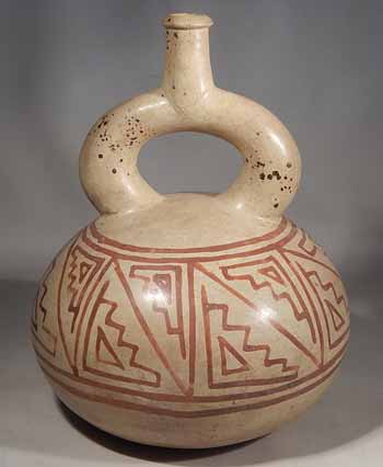 Pre-Columbian Moche Phase I Bi-chrome Painted Stirrup Vessel