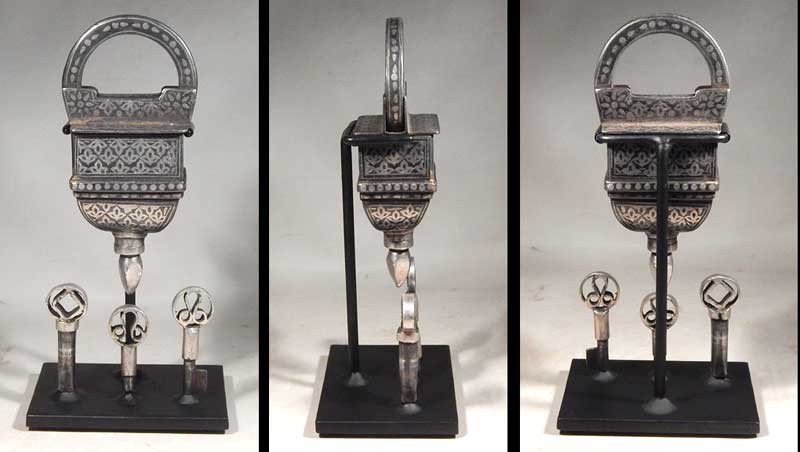  Northern India Antique Silver Mughal Secret Mystery Lock with three keys. Custom Display Stand