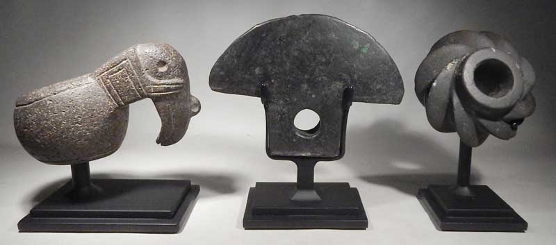 Pre-Columbian Weapons, Costa Rican Stone Mace Head, Ince Copper Axe Head, Chavin Stone Mace head Custom Display Stands Mounts